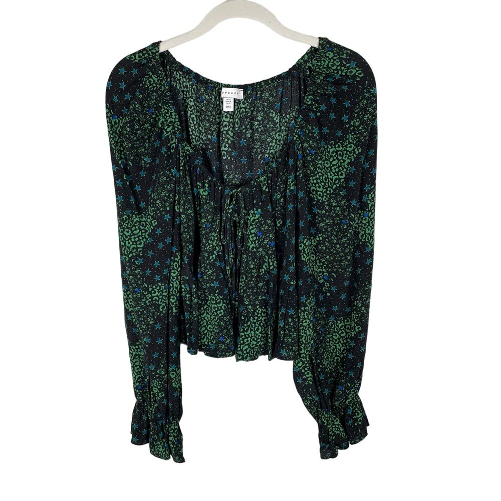Topshop Long Sleeve Star Print Crop Top Tie Front Top Black Green Boho Size 6